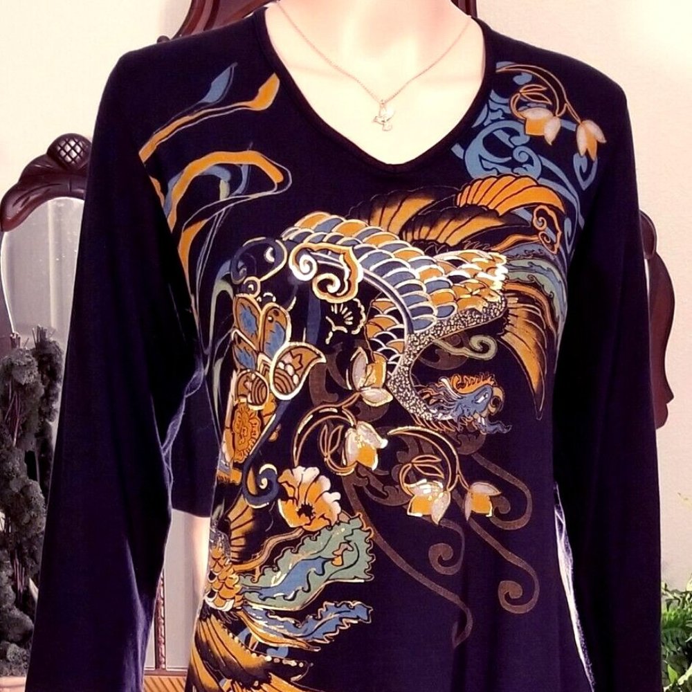 Katina Marie Gold Foil Black Oriental Top L